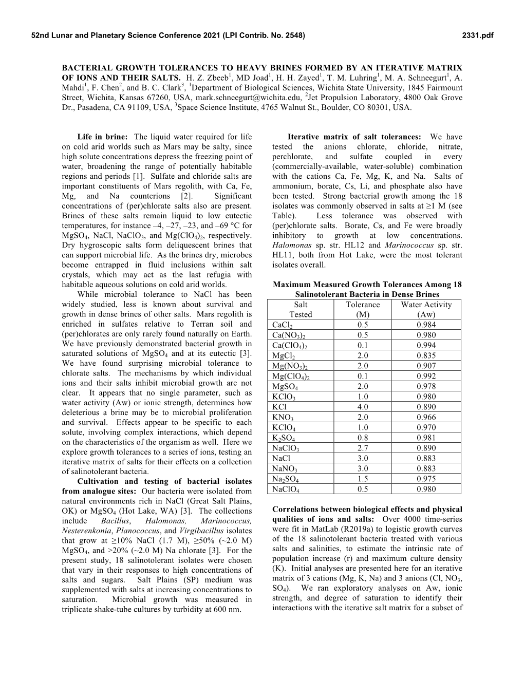 Bacterial Growth Tolerances to Heavy Brines Formed by an Iterative Matrix of Ions and Their Salts