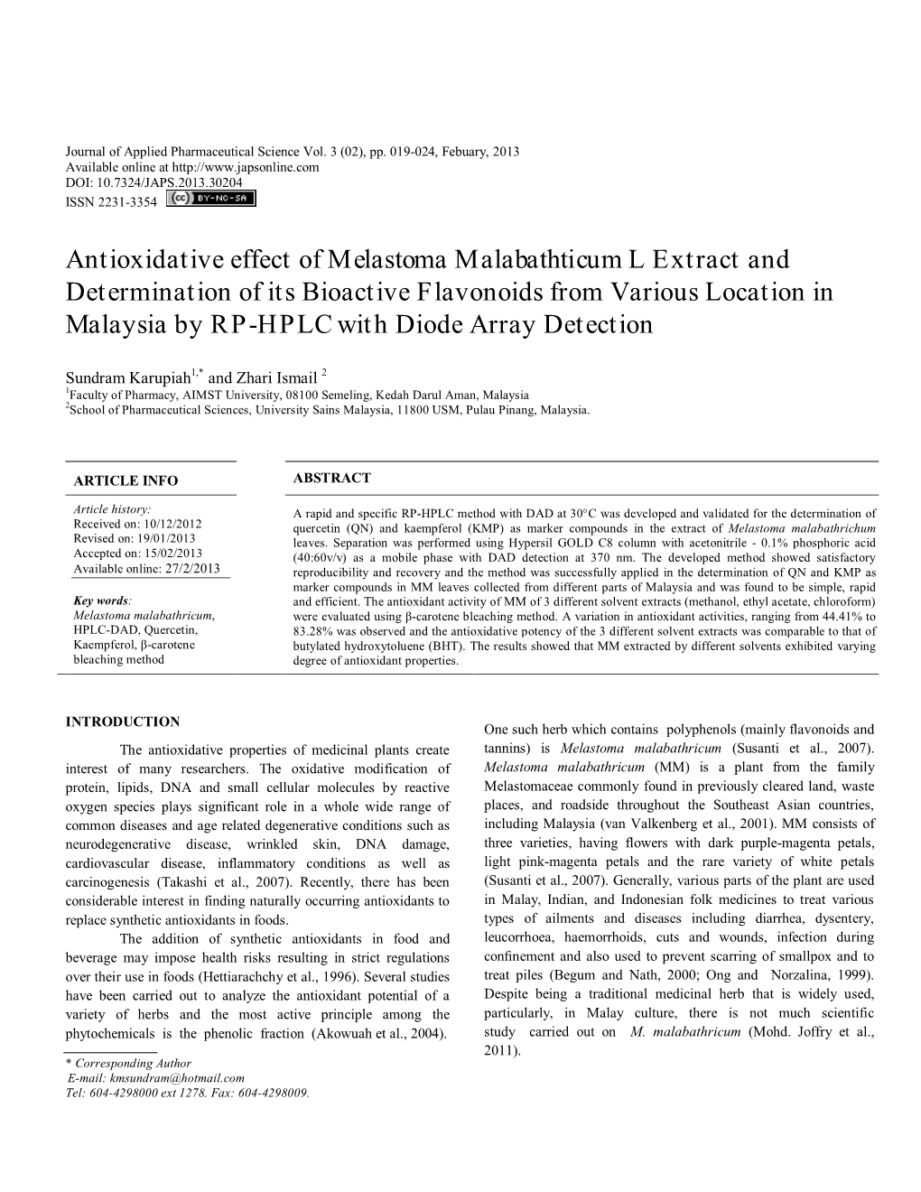 Antioxidative Effect of Melastoma Malabathticum L Extract And