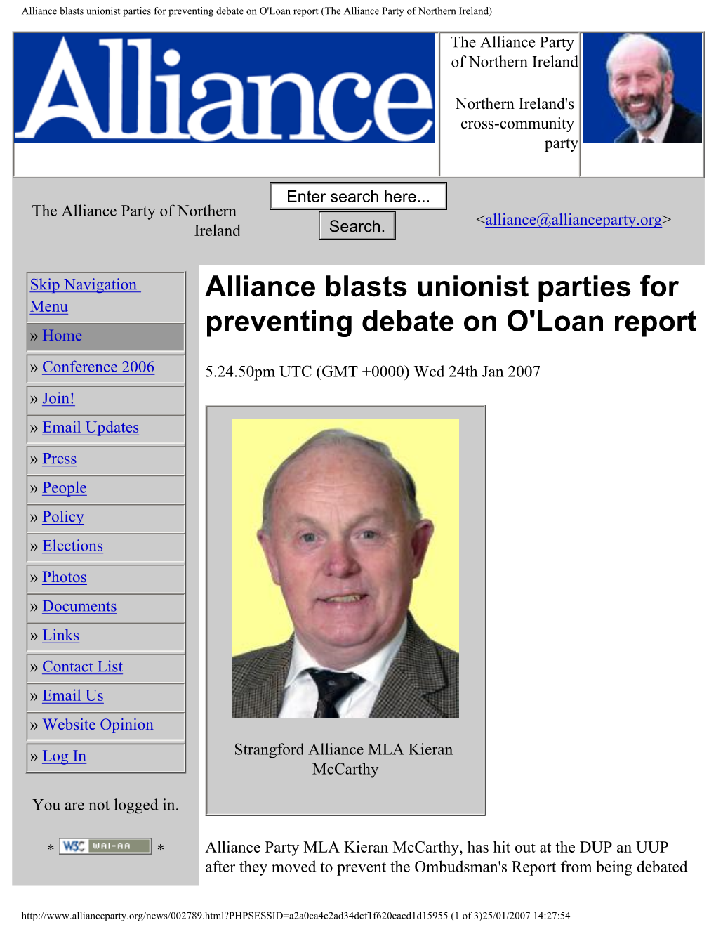 Alliance Blasts Unionist Parties for Preventing Debate on O'loan Report (The Alliance Party of Northern Ireland)