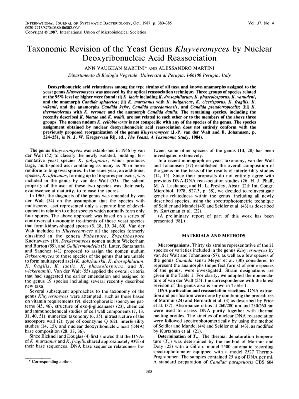 Taxonomic Revision of the Yeast Genus Kluyveromyces by Nuclear Deox Yribonucleic Acid Reassociation