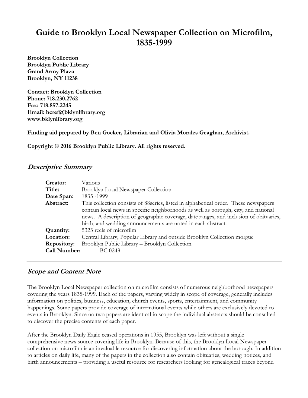 Guide to Brooklyn Local Newspaper Collection on Microfilm, 1835-1999