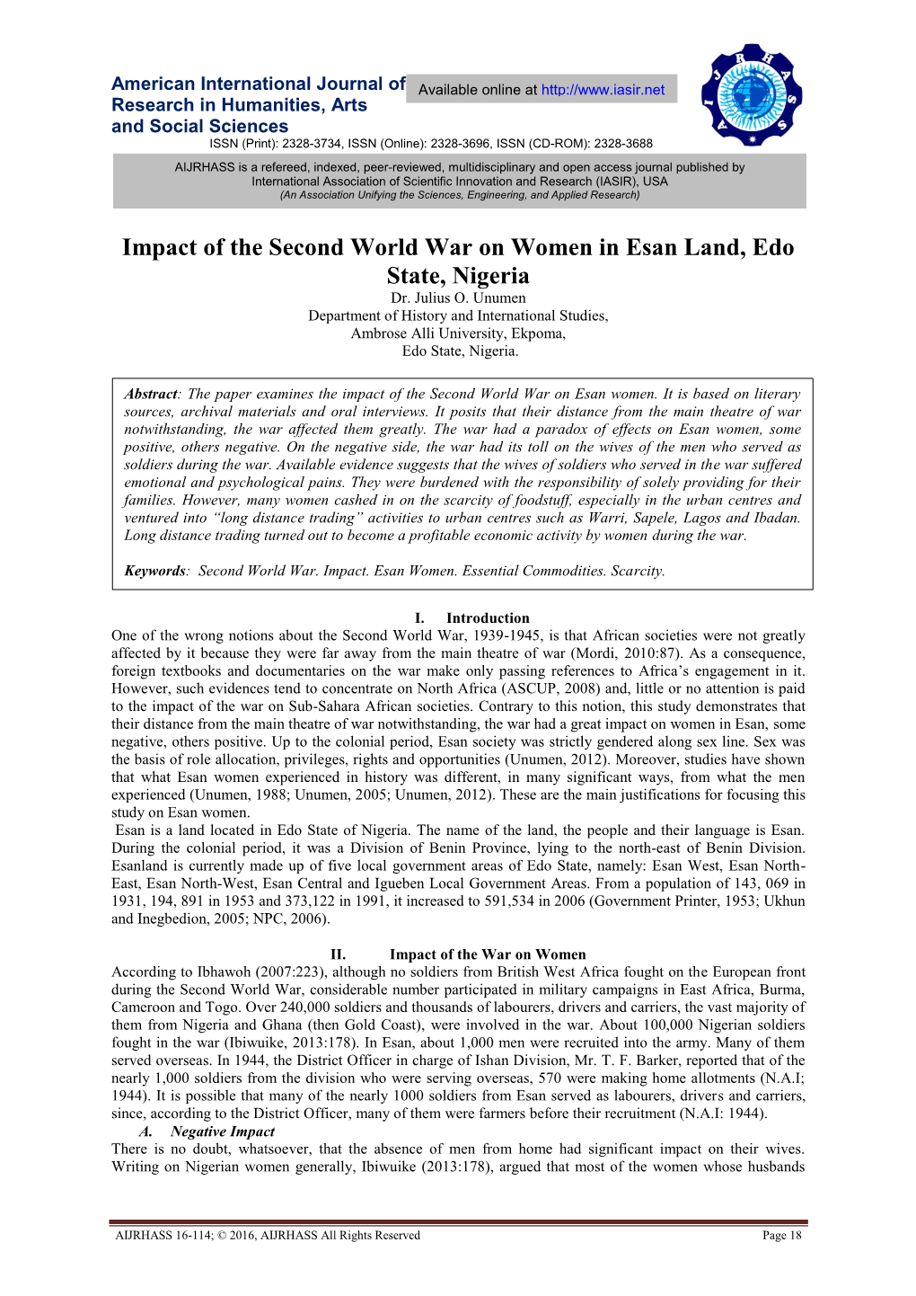 Impact of the Second World War on Women in Esan Land, Edo State, Nigeria Dr