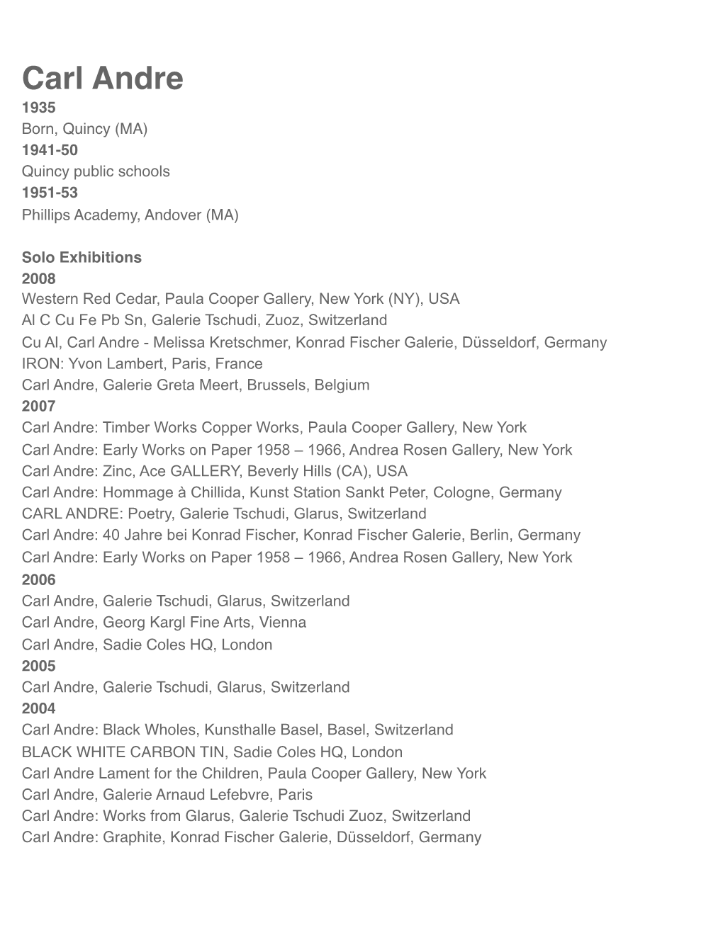 Carl Andre 1935 Born, Quincy (MA) 1941-50 Quincy Public Schools 1951-53 Phillips Academy, Andover (MA)