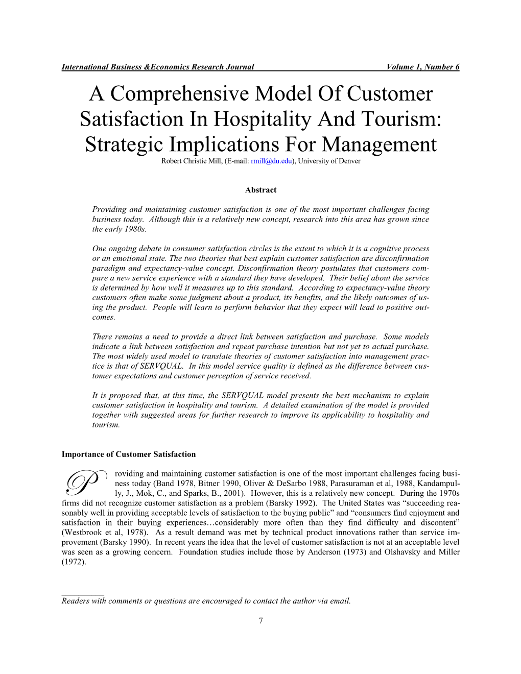 A Comprehensive Model of Customer Satisfaction in Hospitality and Tourism