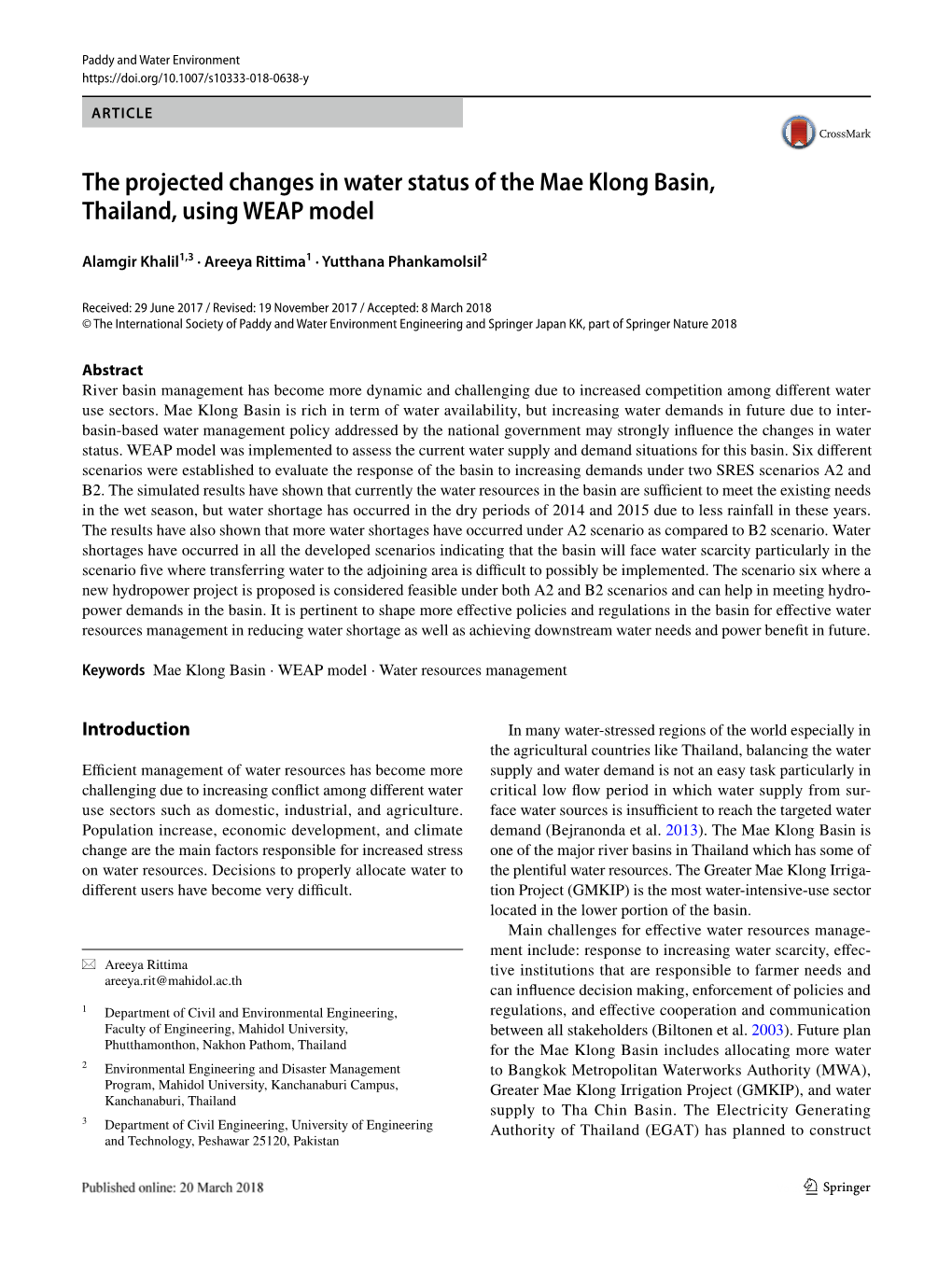 The Projected Changes in Water Status of the Mae Klong Basin, Thailand, Using WEAP Model