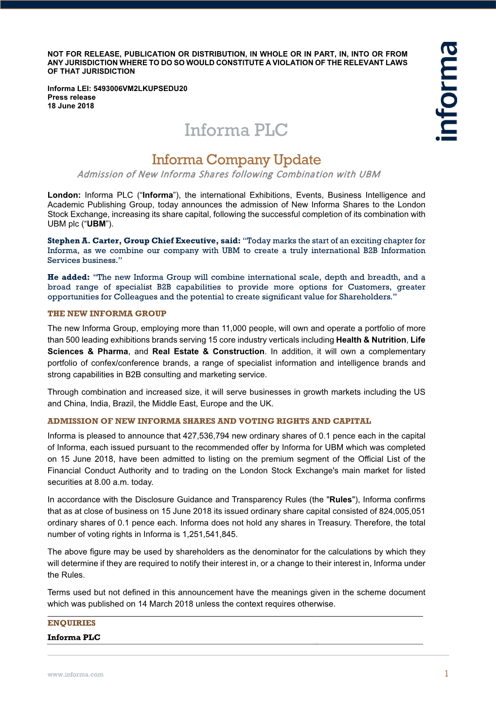Admission of New Informa Shares Following Combination with UBM
