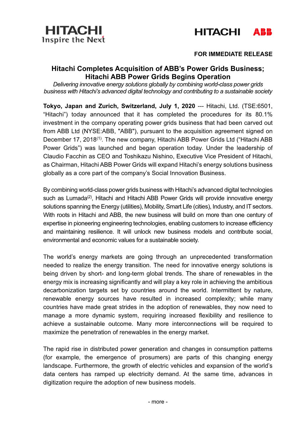 Hitachi ABB Power Grids Begins Operation