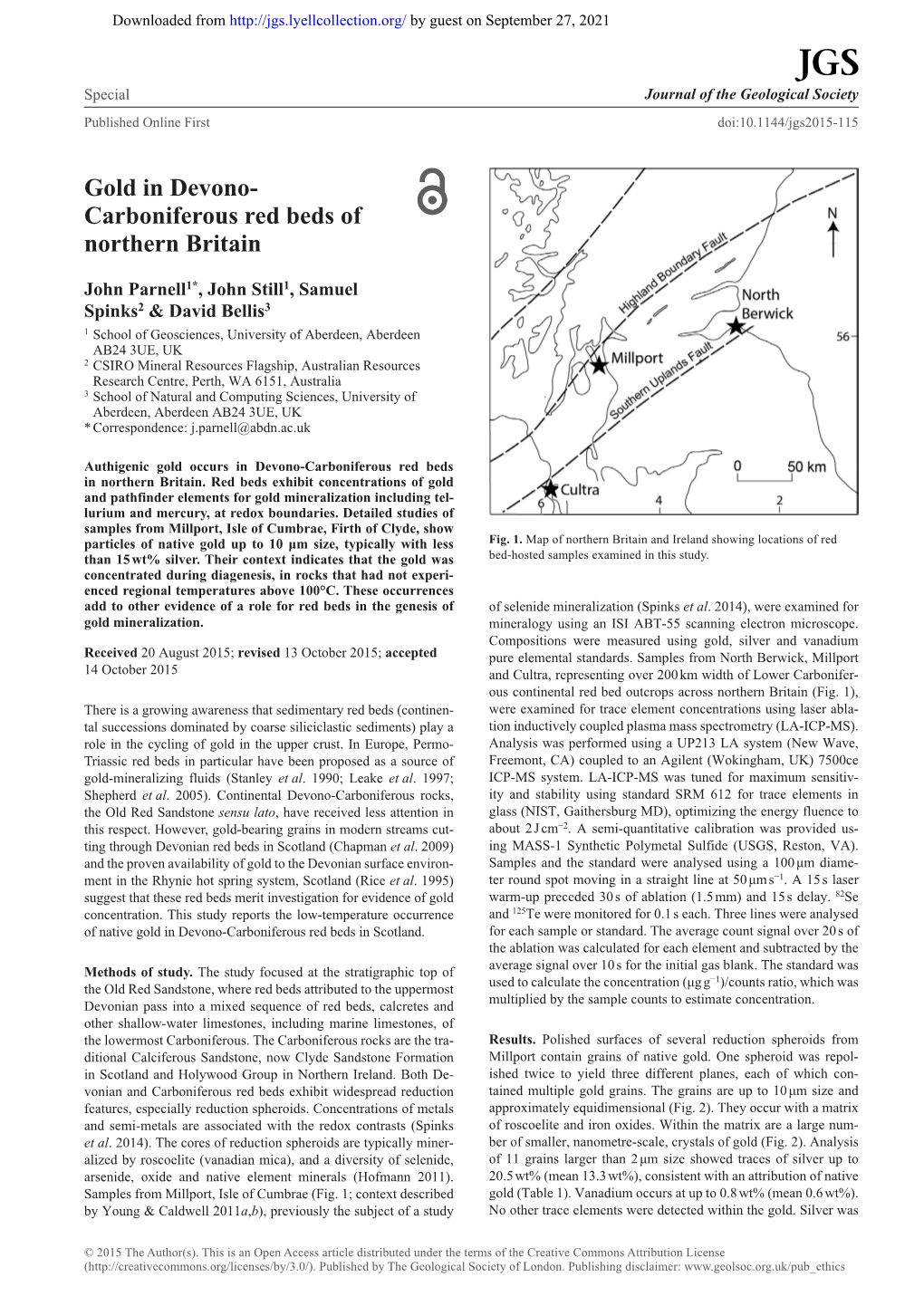 Gold in Devono- Carboniferous Red Beds of Northern Britain