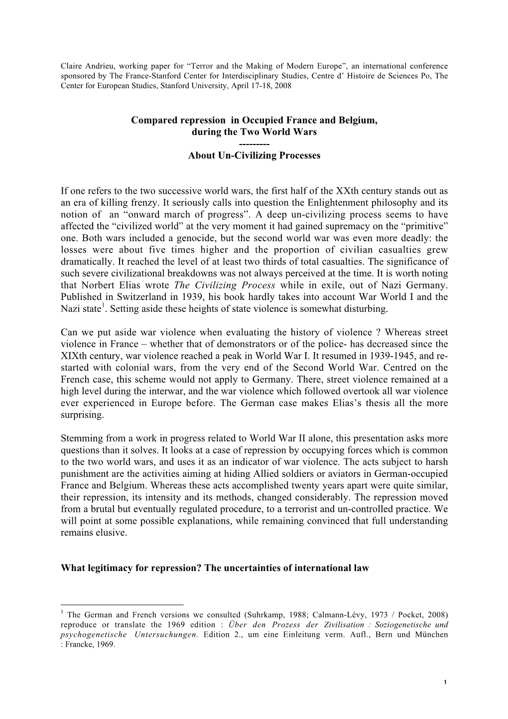 1 Compared Repression in Occupied France and Belgium, During The