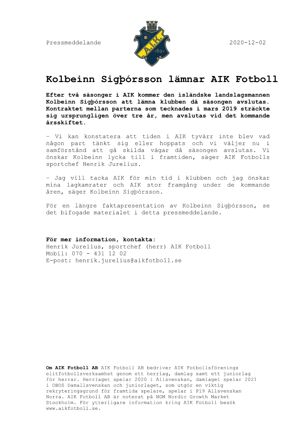 Kolbeinn Sigþórsson Lämnar AIK Fotboll