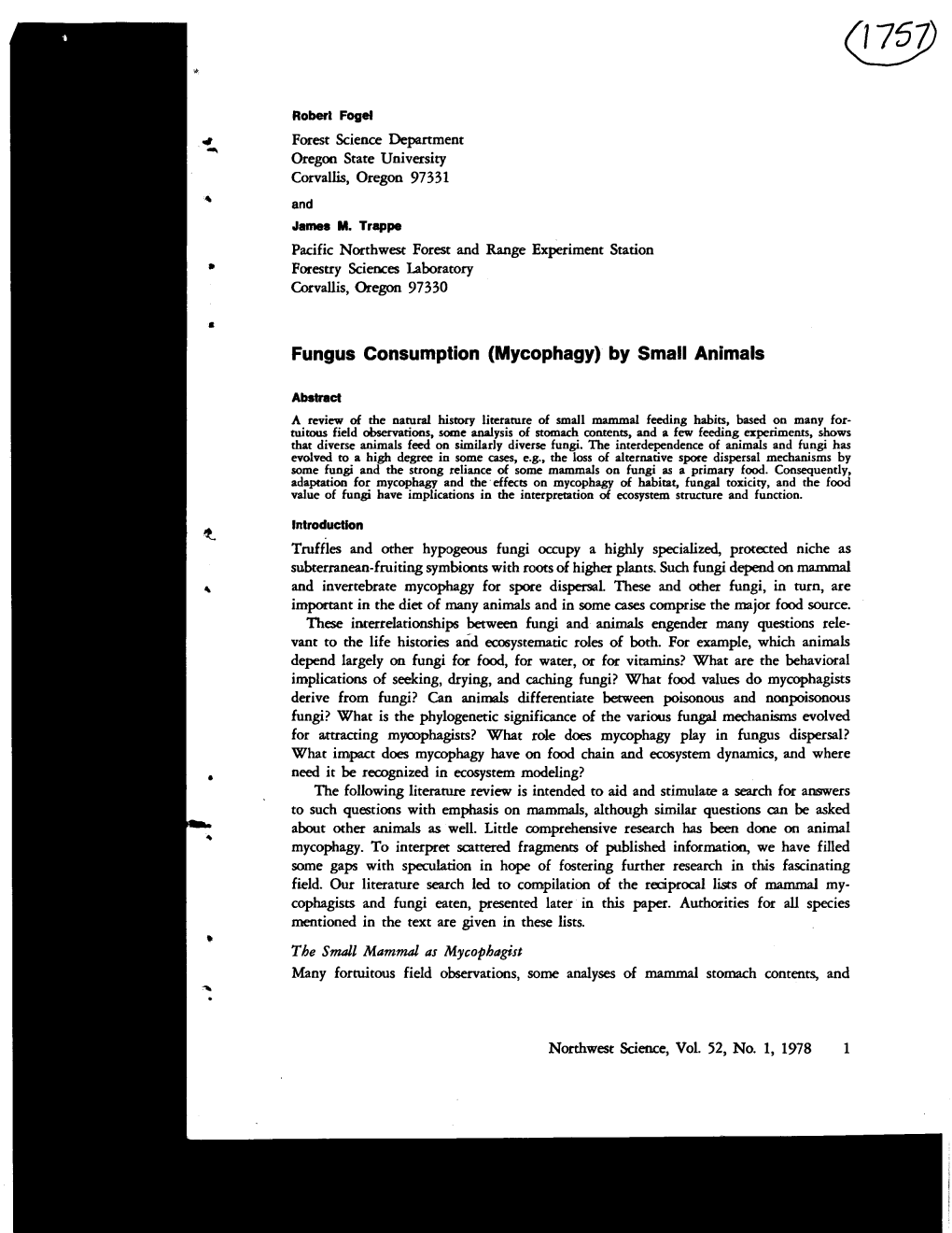 Fungus Consumption (Mycophagy) by Small Animals