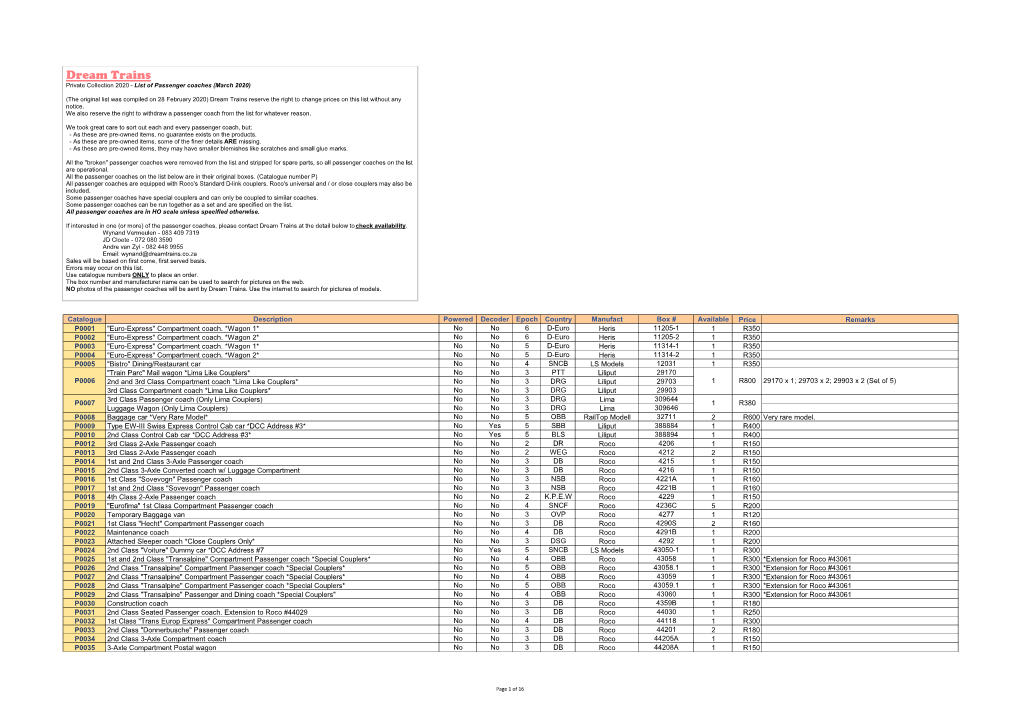 Dream Trains Private Collection 2020 - List of Passenger Coaches (March 2020)