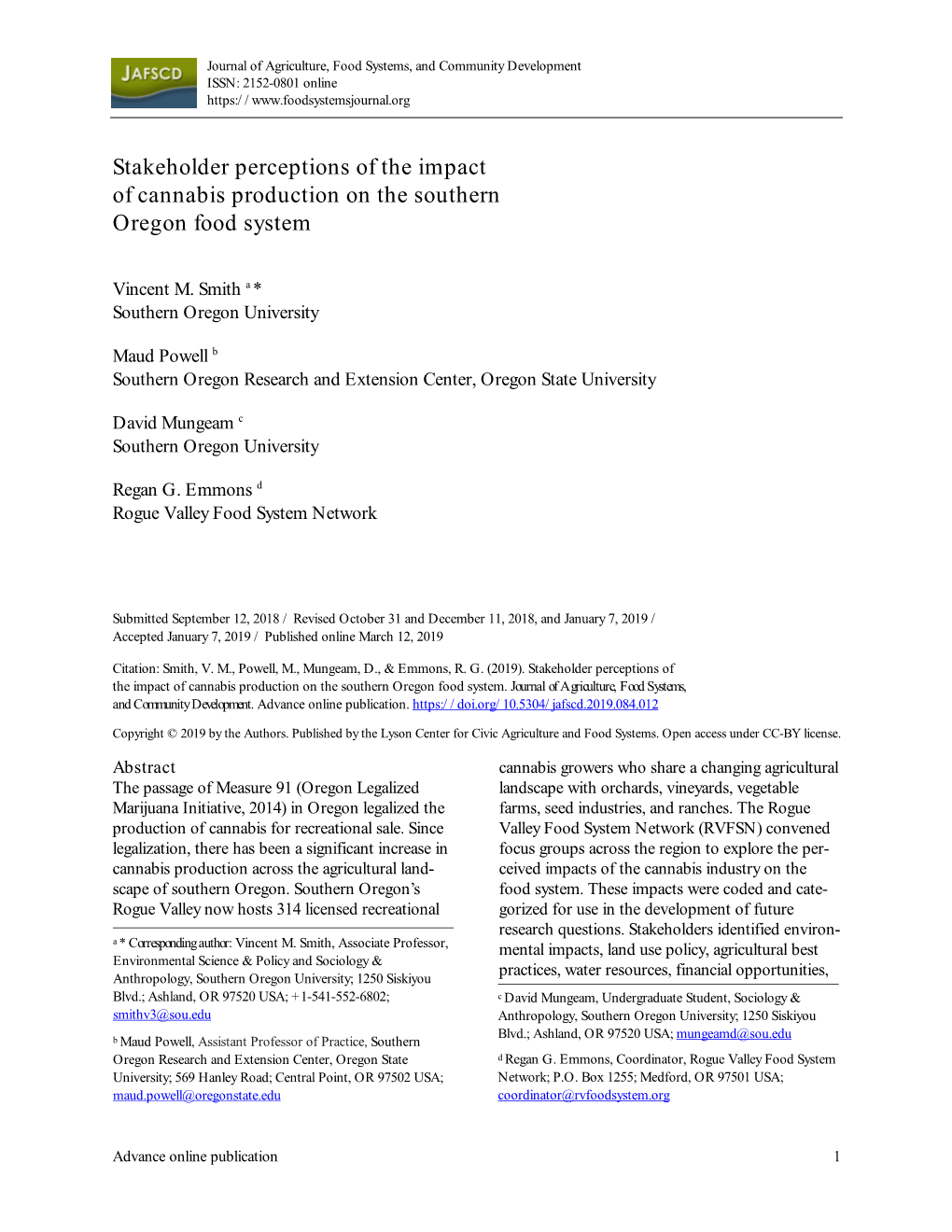 Stakeholder Perceptions of the Impact of Cannabis on the Southern