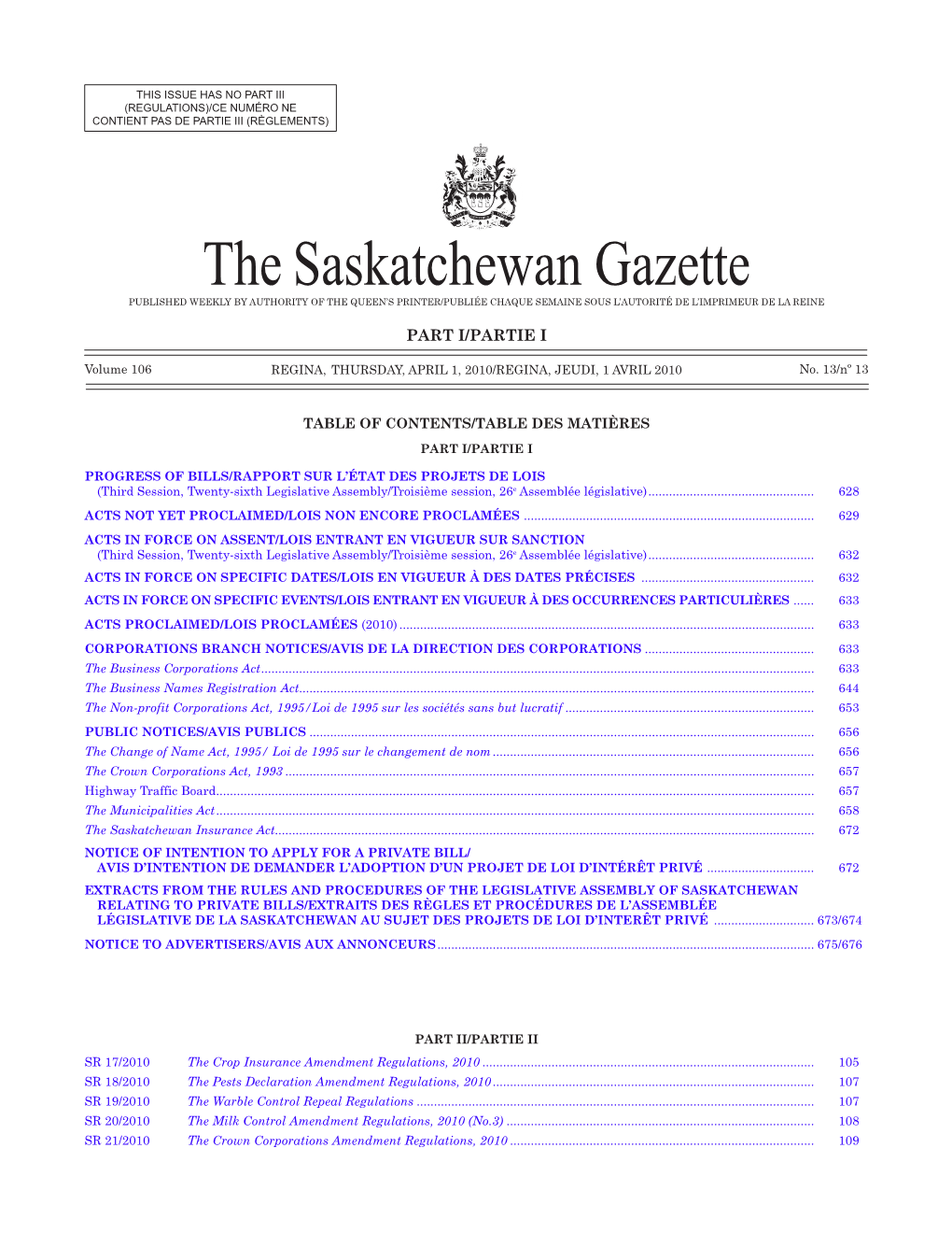 Sask. Gazette, Part I, April 1, 2010