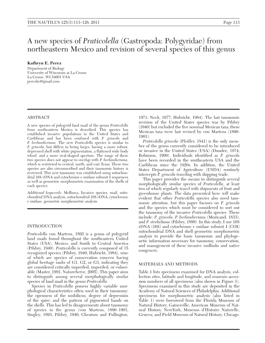 A New Species of Praticolella (Gastropoda: Polygyridae) from Northeastern Mexico and Revision of Several Species of This Genus