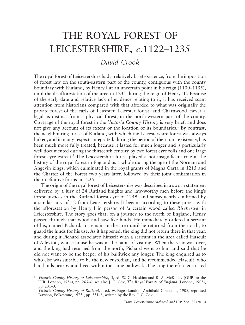 The Royal Forest of Leicestershire, C.1122–1235 Pp.137-160