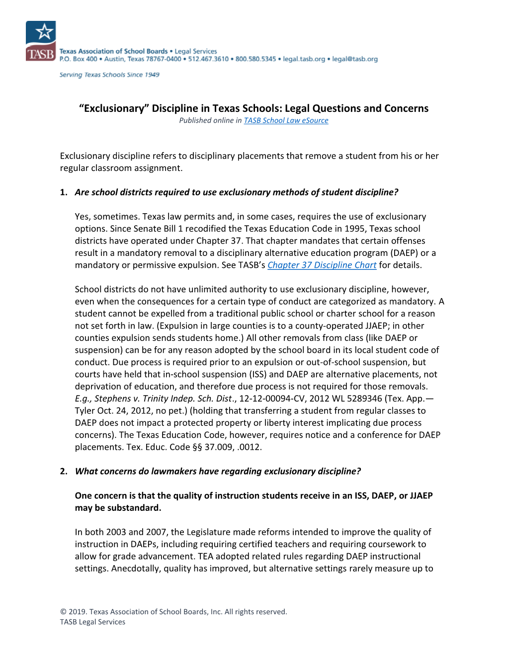 “Exclusionary” Discipline in Texas Schools: Legal Questions and Concerns November 2019