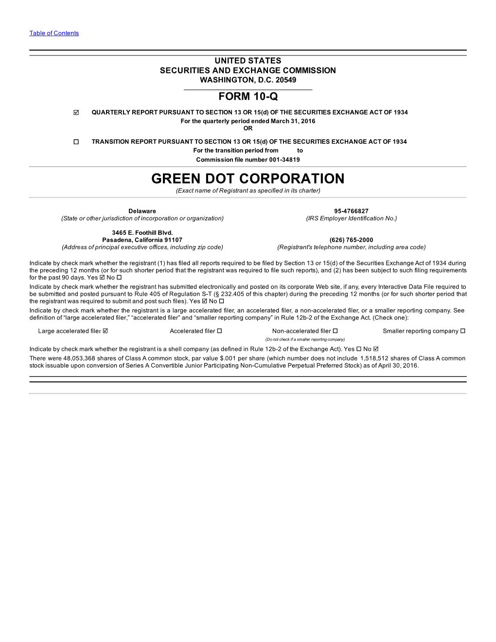 GREEN DOT CORPORATION (Exact Name of Registrant As Specified in Its Charter)