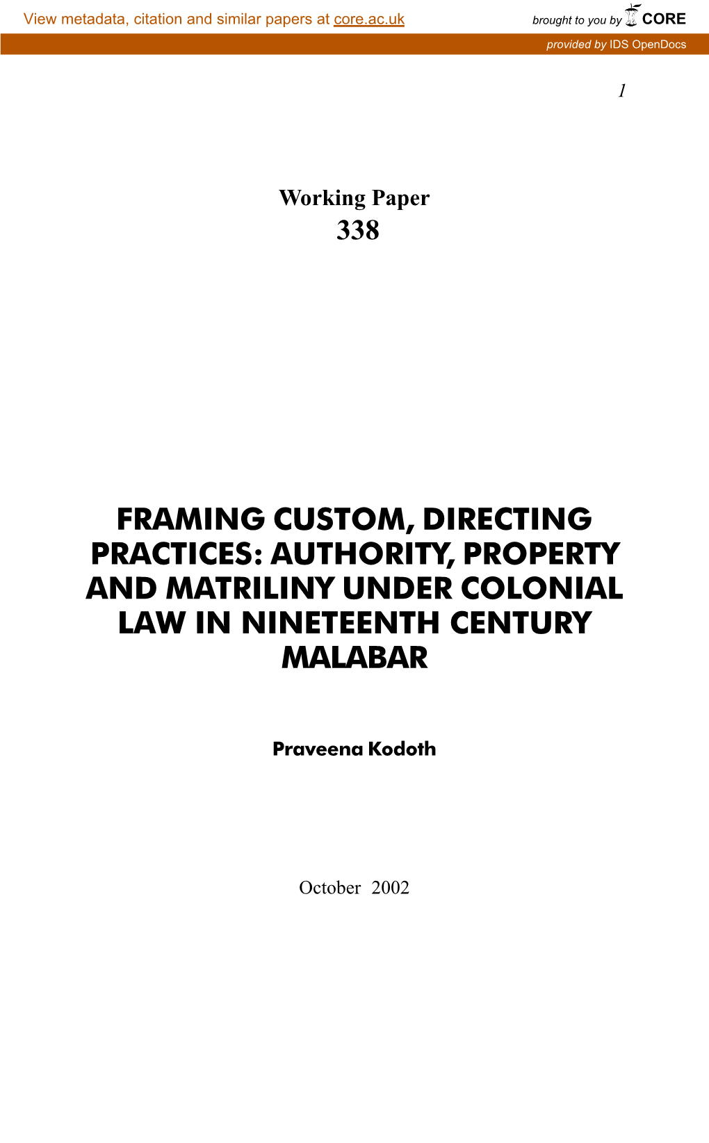 Authority, Property and Matriliny Under Colonial Law in Nineteenth Century Malabar