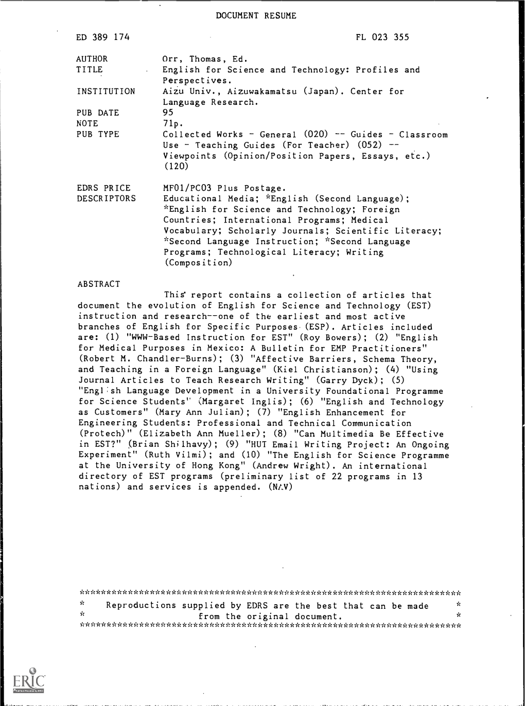 Document Resume Ed 389 174 Fl 023 355 Author Title