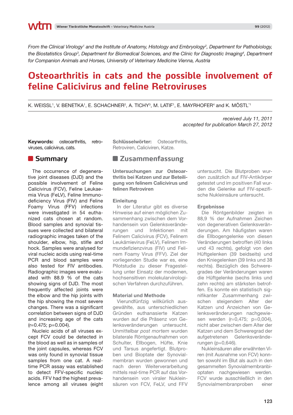 Osteoarthritis in Cats and the Possible Involvement of Feline Calicivirus and Feline Retroviruses