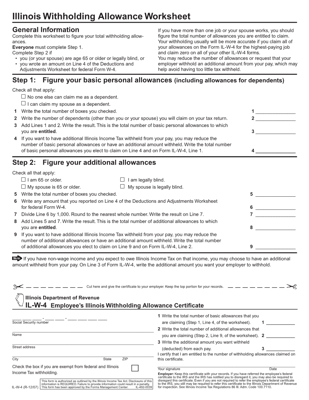 Illinois Withholding Allowance Worksheet