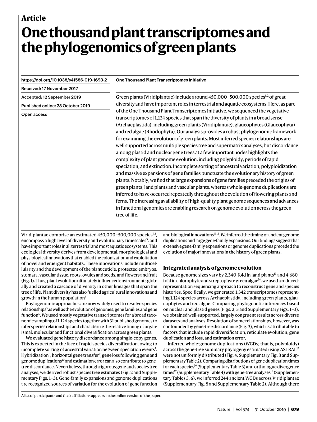 One Thousand Plant Transcriptomes and the Phylogenomics of Green Plants