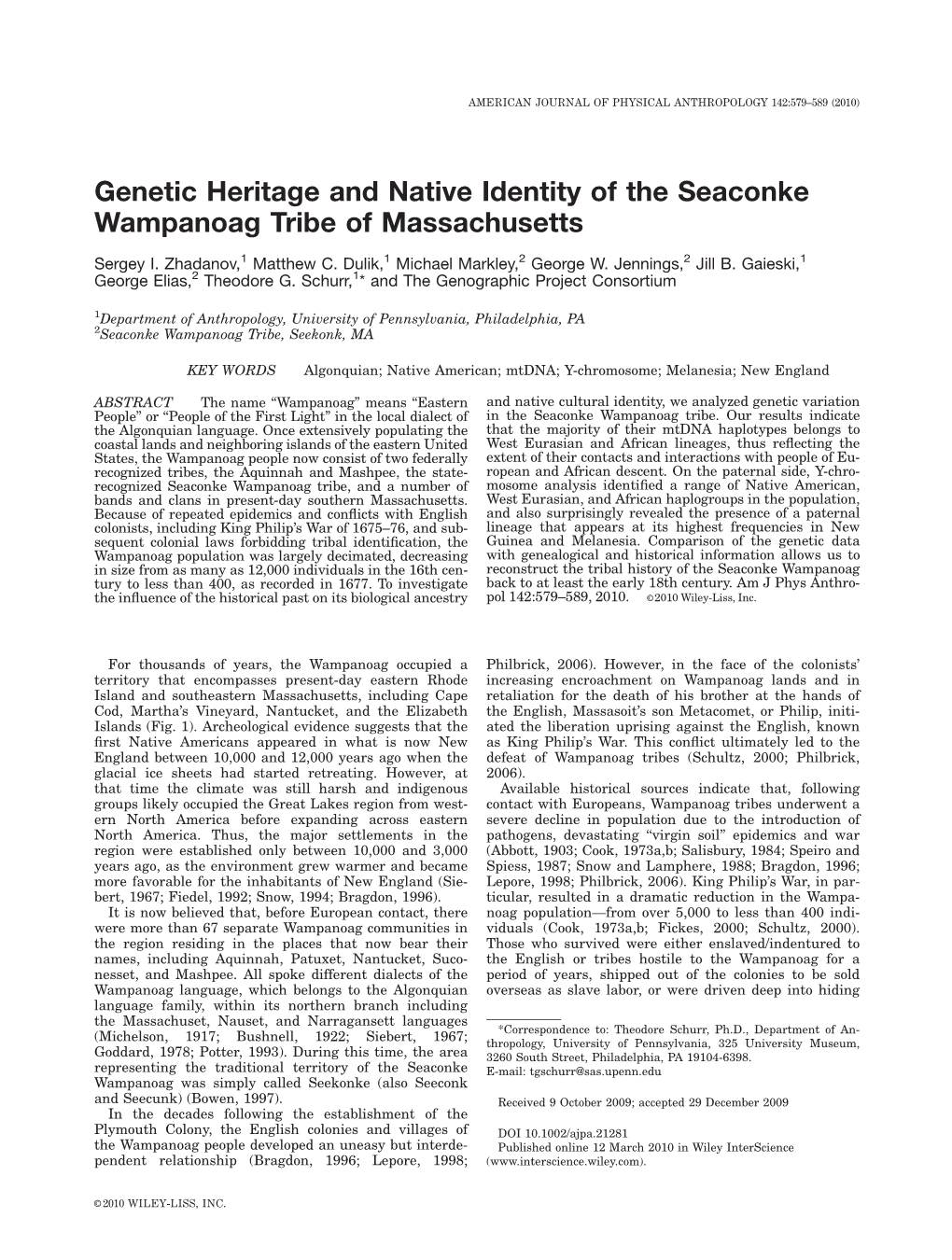 Genetic Heritage and Native Identity of the Seaconke Wampanoag Tribe of Massachusetts