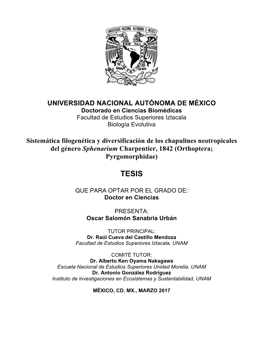 TESIS: Sistemática Filogenética Y Diversificación De Los Chapulines