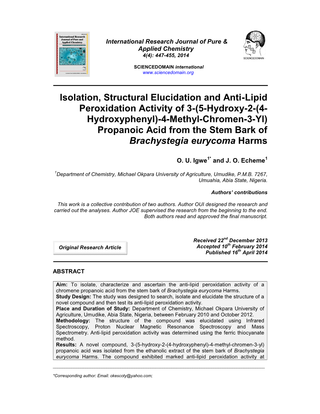 Isolation, Structural Elucidation and Anti-Lipid Peroxidation Activity of 3