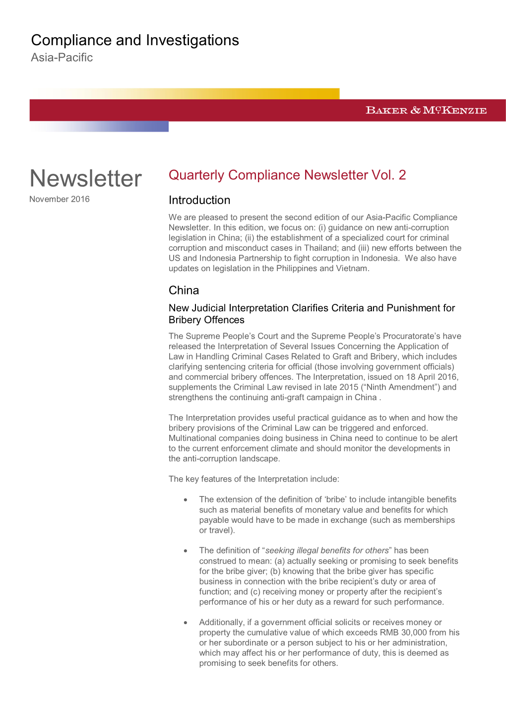 Quarterly Compliance Newsletter Vol. 2 November 2016 Introduction We Are Pleased to Present the Second Edition of Our Asia-Pacific Compliance Newsletter