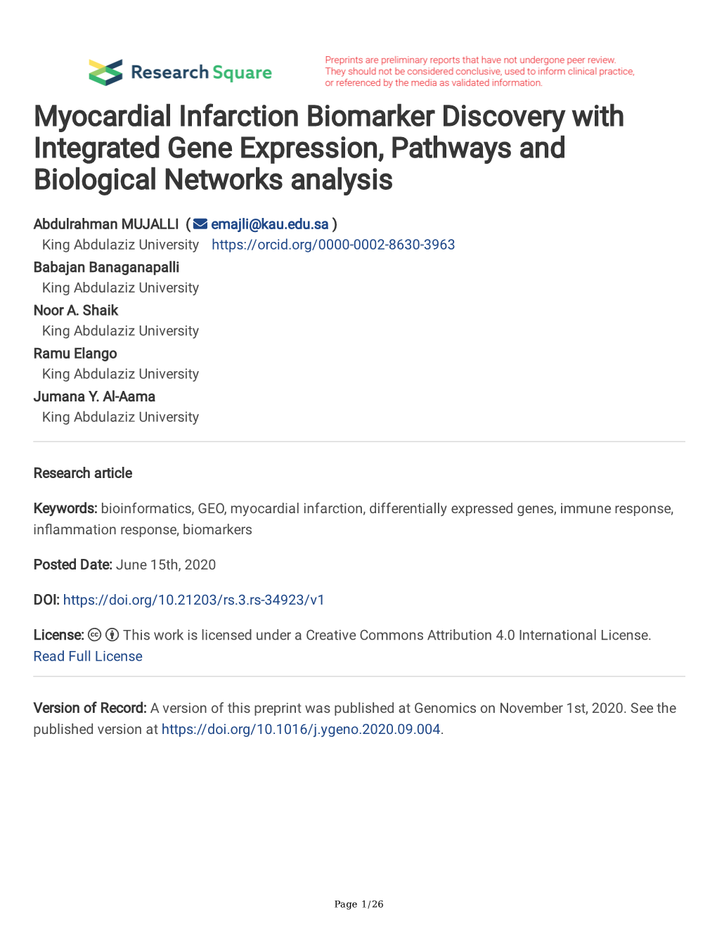 Myocardial Infarction Biomarker Discovery with Integrated Gene Expression, Pathways and Biological Networks Analysis