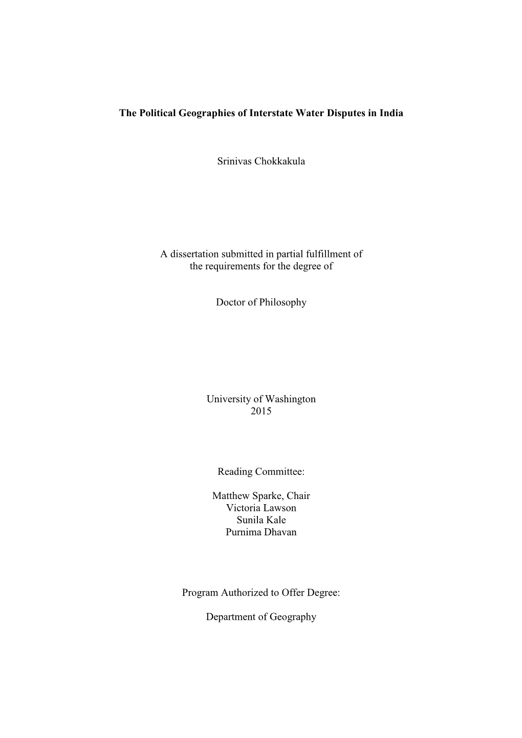 The Political Geographies of Interstate Water Disputes in India Srinivas