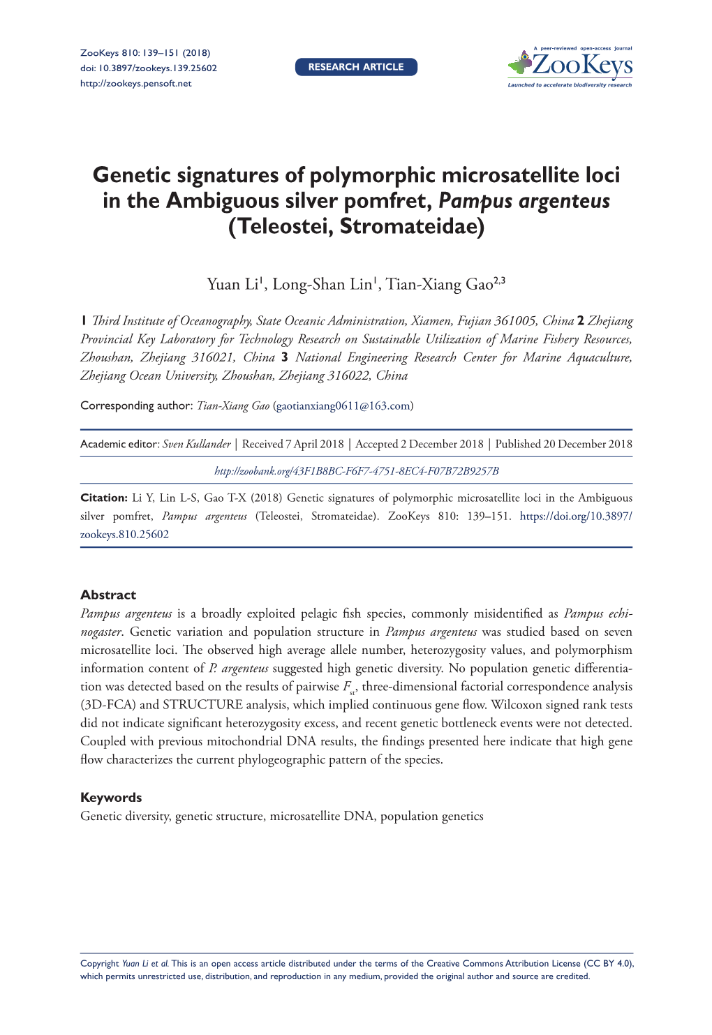 Genetic Signatures of Polymorphic Microsatellite Loci in the Ambiguous Silver Pomfret, Pampus Argenteus (Teleostei, Stromateidae)