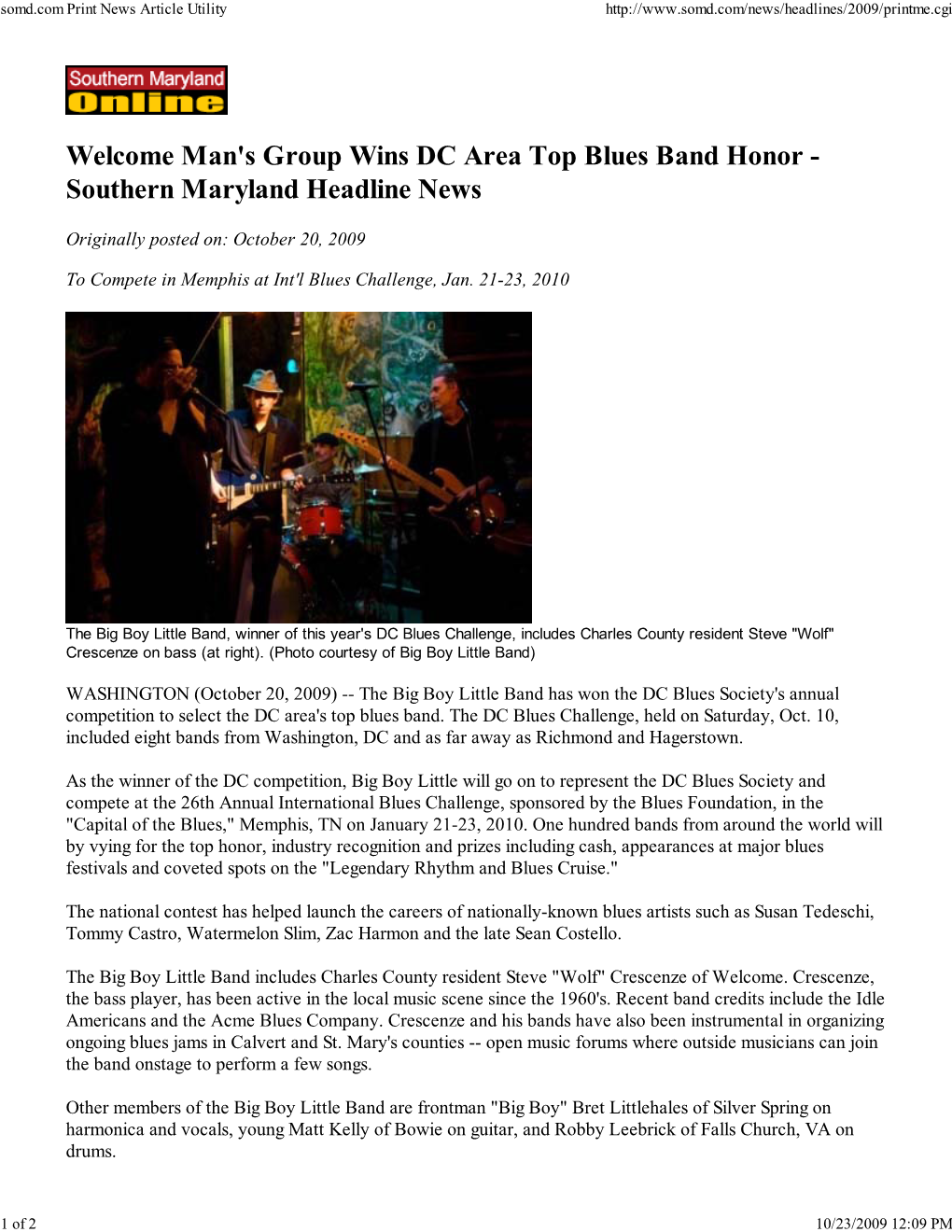 SOMD News Article About Big Boy Little Band Winning Top DC Blues