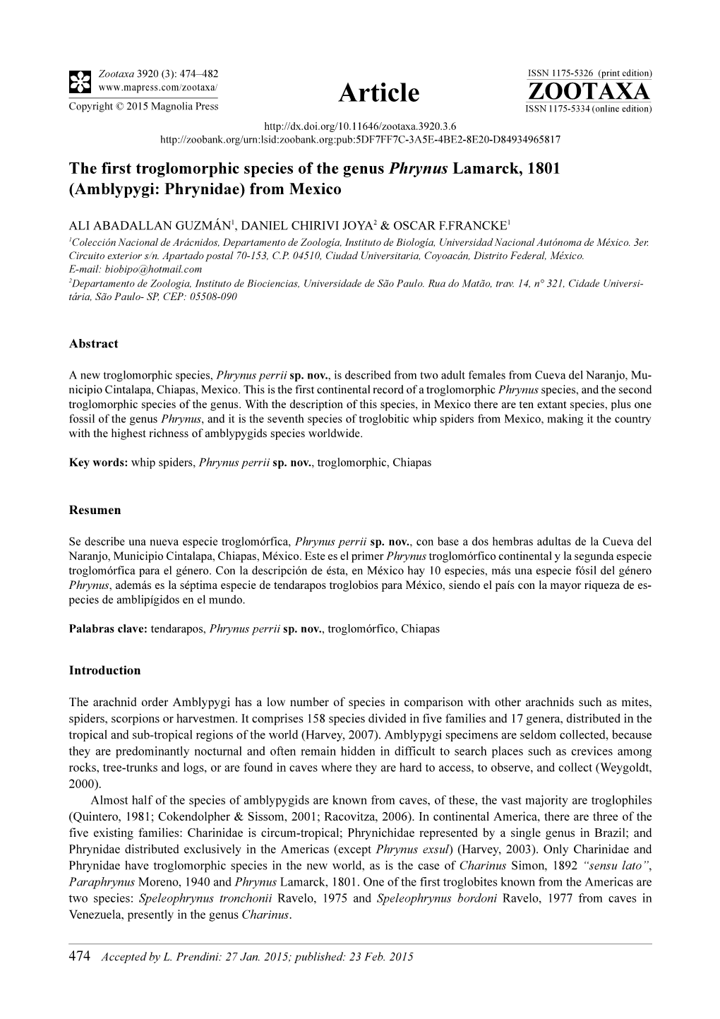 The First Troglomorphic Species of the Genus Phrynus Lamarck, 1801 (Amblypygi: Phrynidae) from Mexico