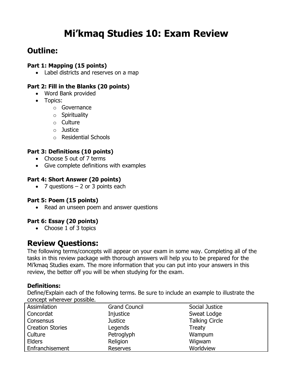 Mi Kmaq Studies 10: Exam Review