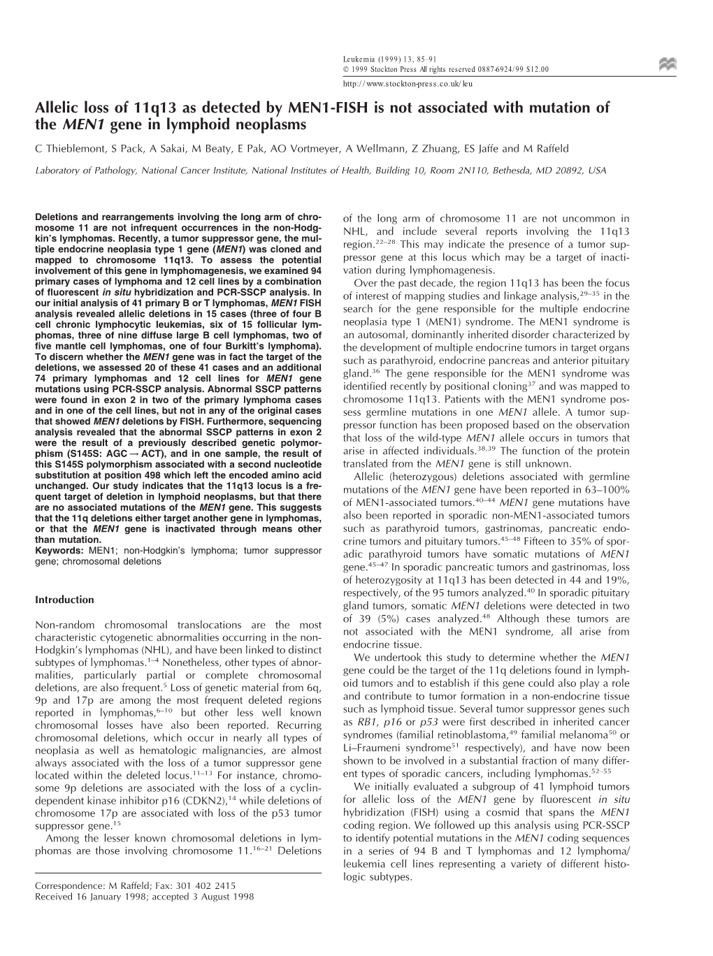 Allelic Loss of 11Q13 As Detected by MEN1-FISH Is Not Associated with Mutation of the MEN1 Gene in Lymphoid Neoplasms