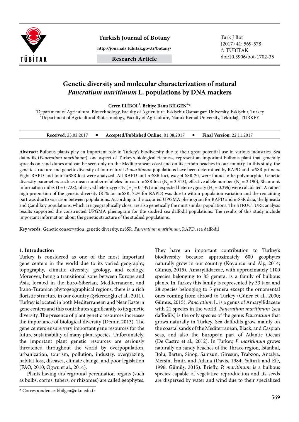 Genetic Diversity and Molecular Characterization of Natural Pancratium Maritimum L