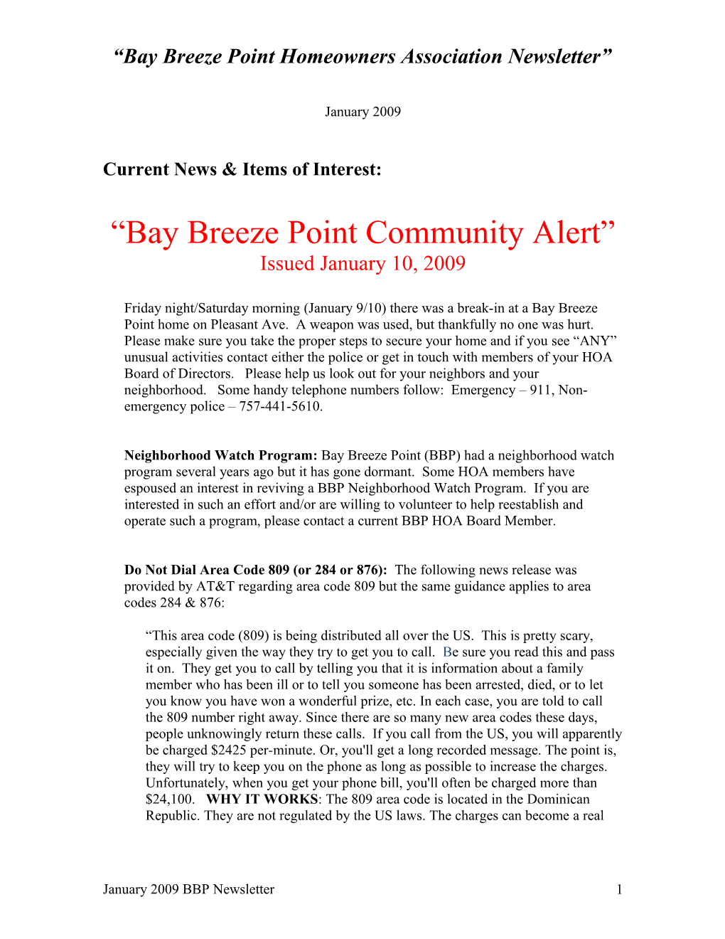 Bay Breeze Point Homeowners Association Newsletter