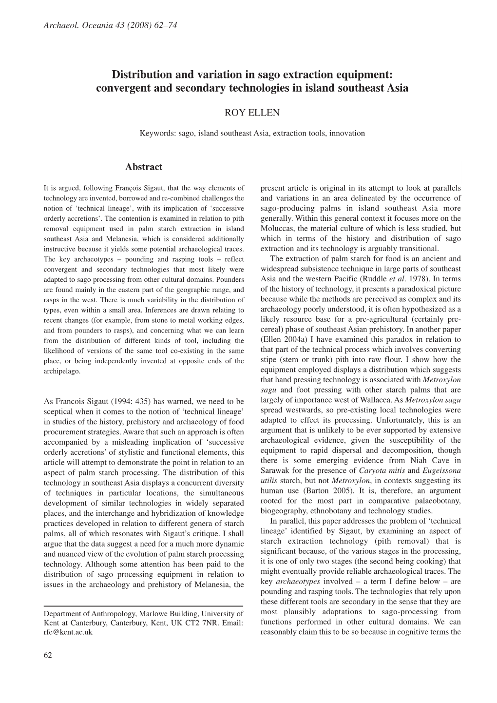 Distribution and Variation in Sago Extraction Equipment: Convergent and Secondary Technologies in Island Southeast Asia