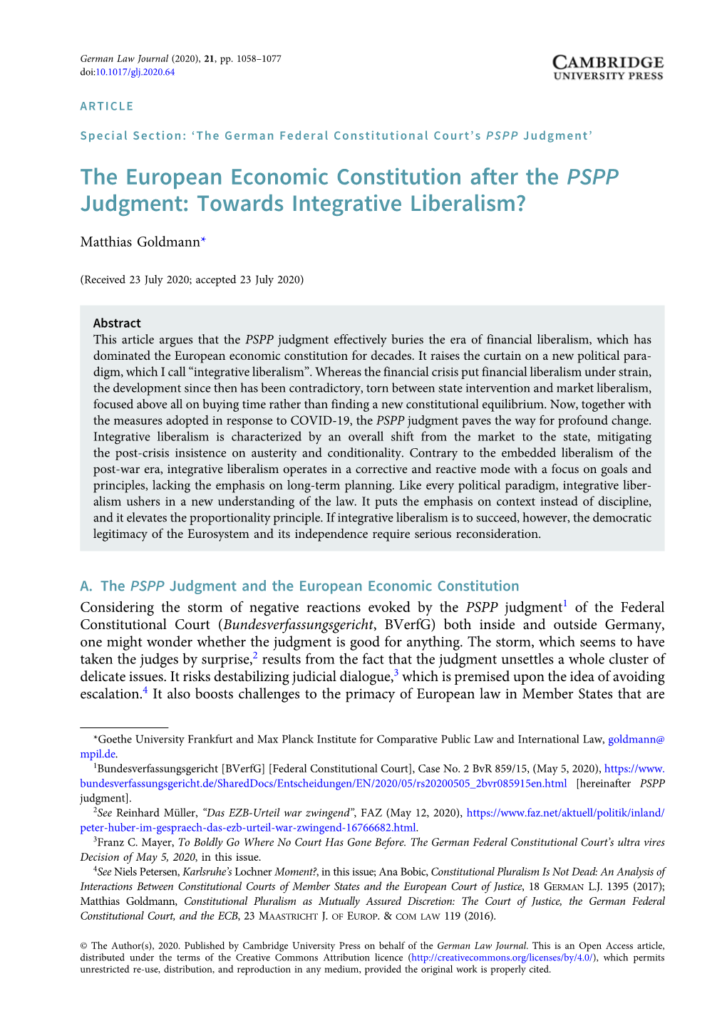 The European Economic Constitution After the PSPP Judgment: Towards Integrative Liberalism?