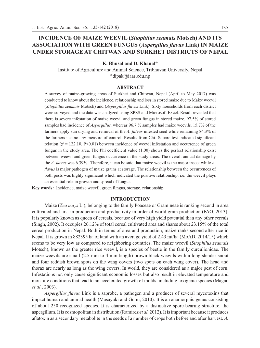 INCIDENCE of MAIZE WEEVIL (Sitophilus Zeamais Motsch) AND