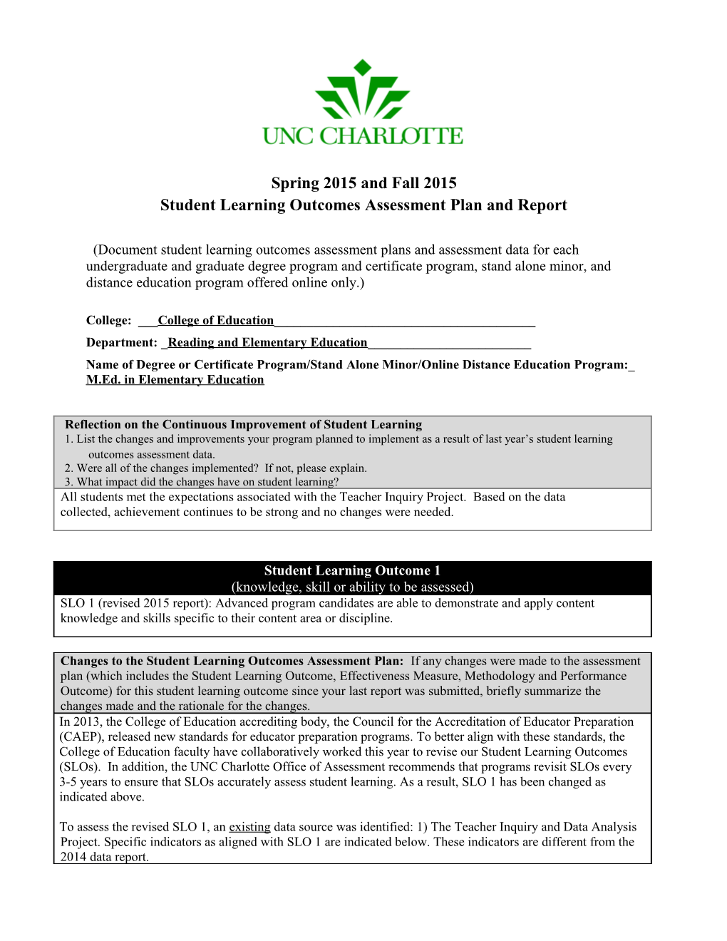 Student Learning Outcomes Assessment Plan and Report