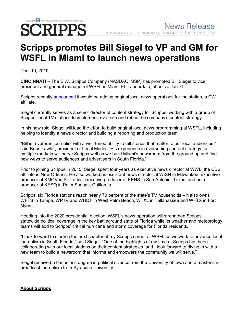 Scripps Promotes Bill Siegel to VP and GM for WSFL in Miami to Launch News Operations