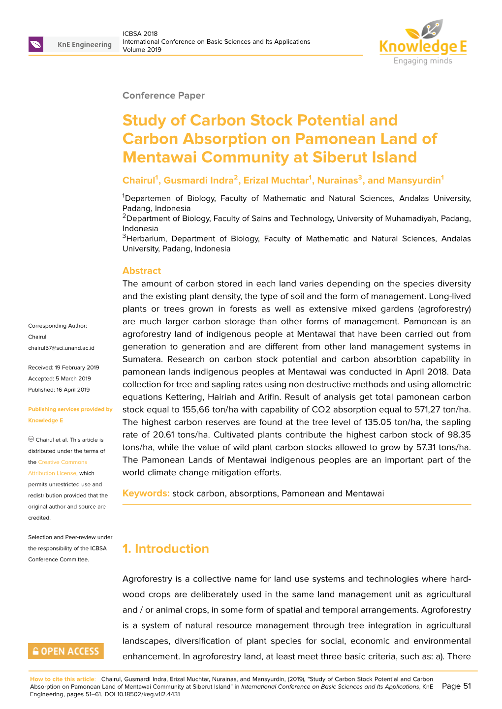 Study of Carbon Stock Potential and Carbon Absorption on Pamonean