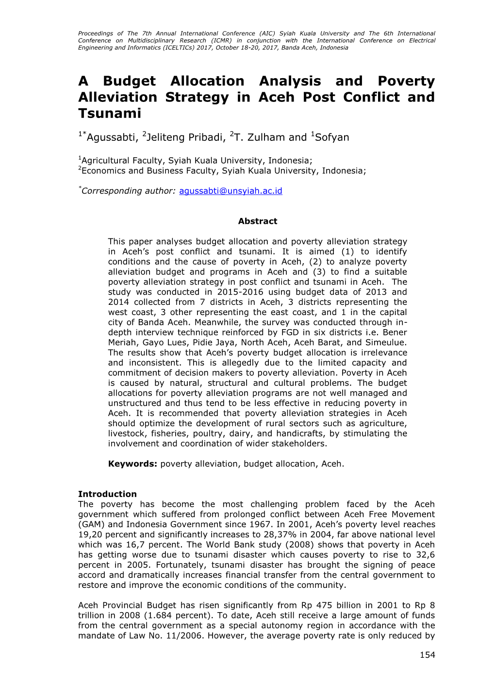 A Budget Allocation Analysis and Poverty Alleviation Strategy in Aceh Post Conflict and Tsunami