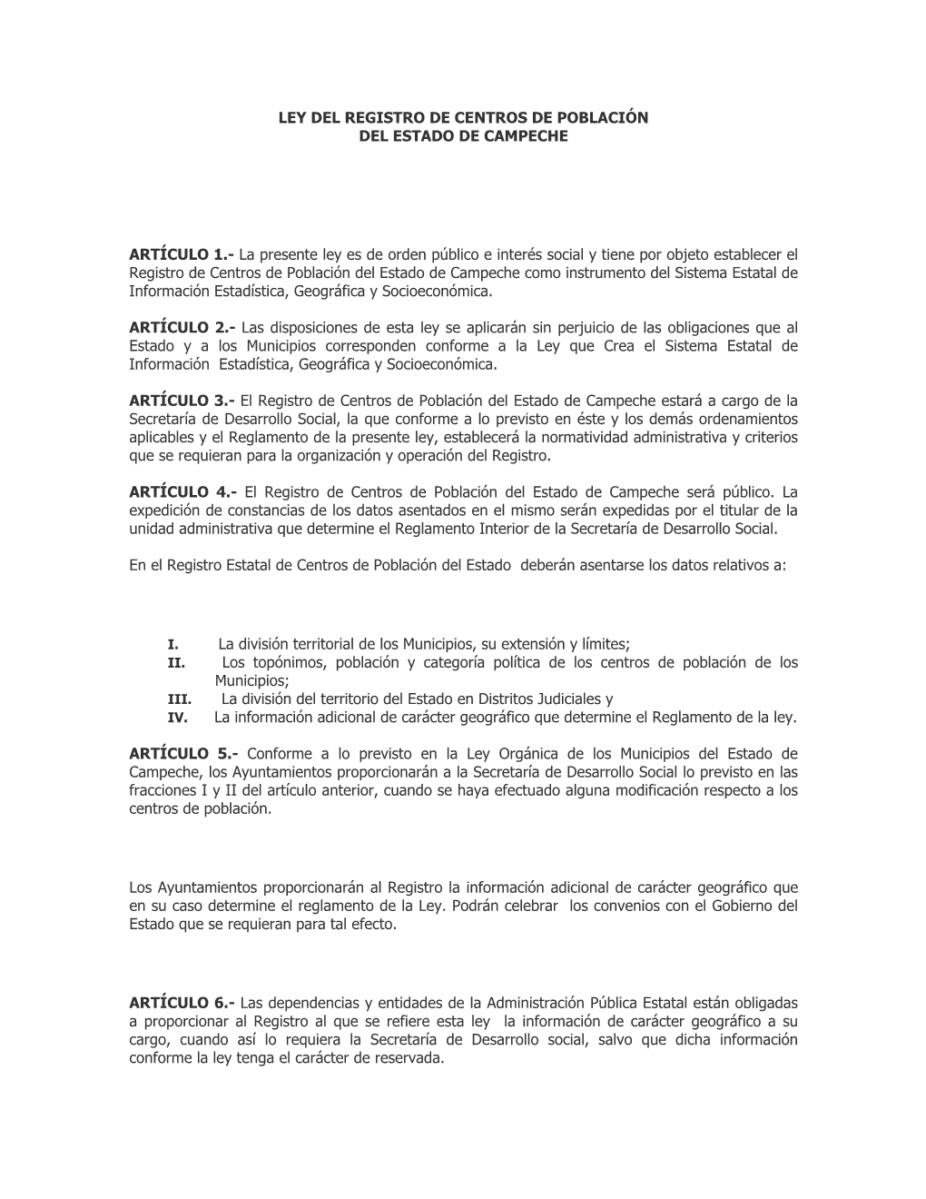 Ley Del Registro De Centros De Población Del Estado De Campeche