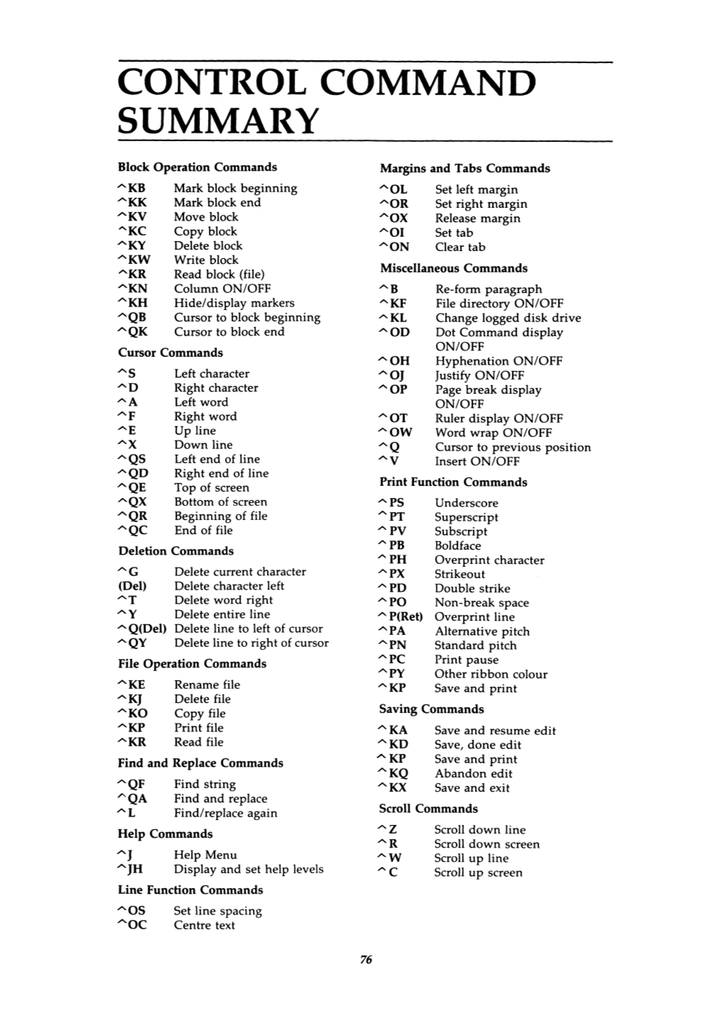 Control Command Summary