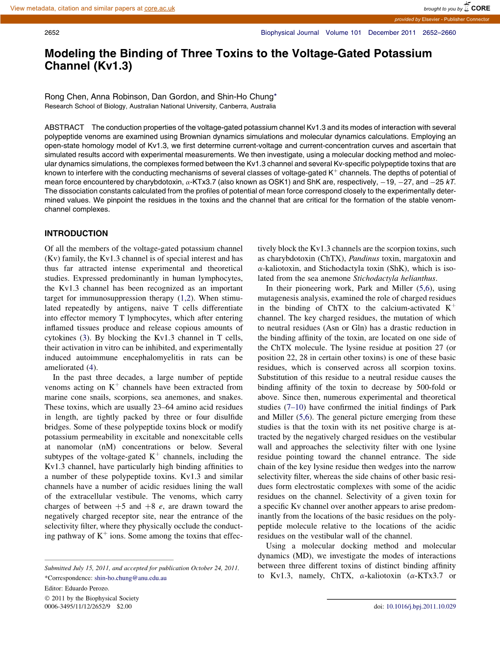 Modeling the Binding of Three Toxins to the Voltage-Gated Potassium Channel (Kv1.3)